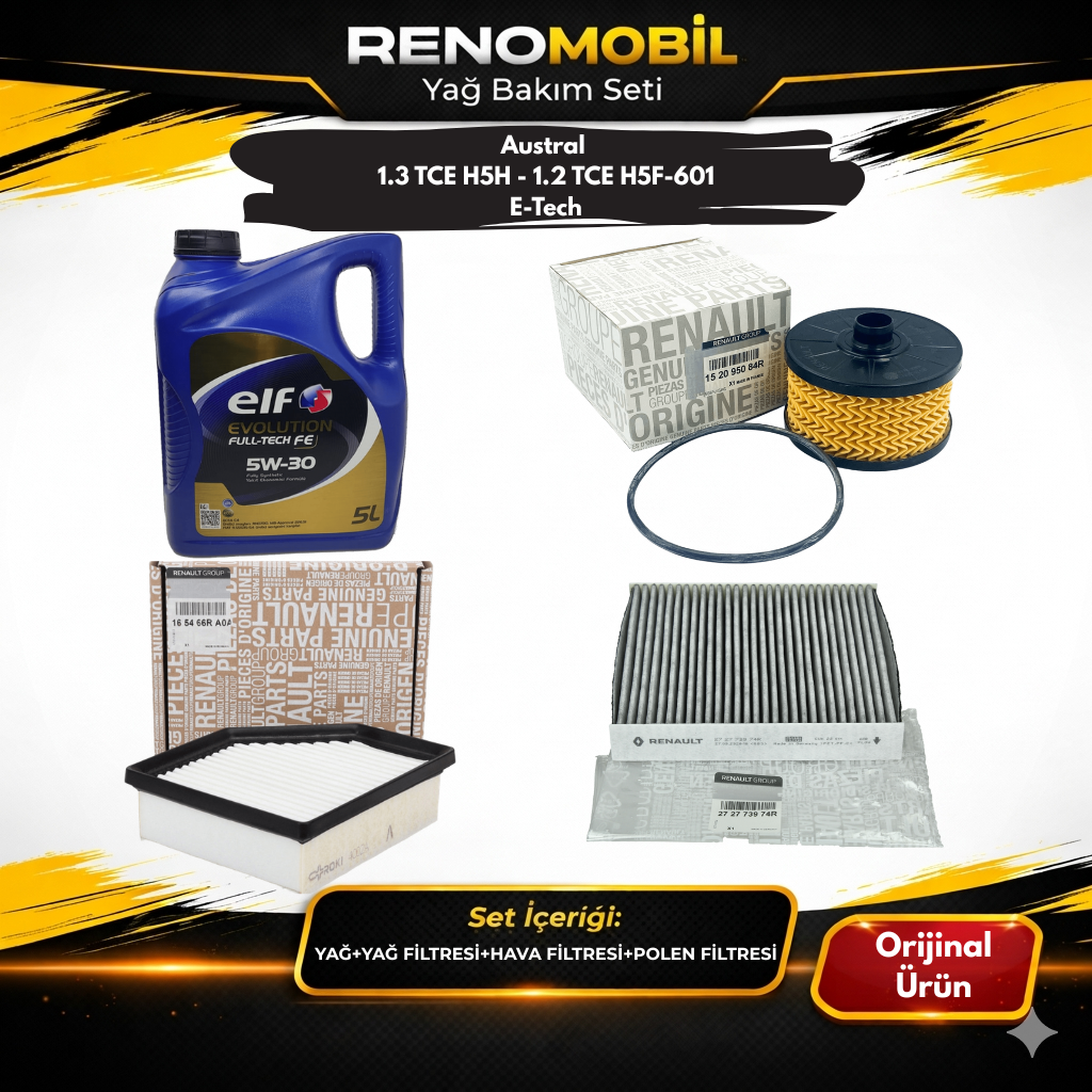 Yağ Bakım Seti (Motor Yağı+Yağ Filtresi+Hava Filtresi+Polen Filtresi) | Renault Austral 1.3 Tce H5H - 1.2 TCE H5F-601 E-Tech 200 Hybrid