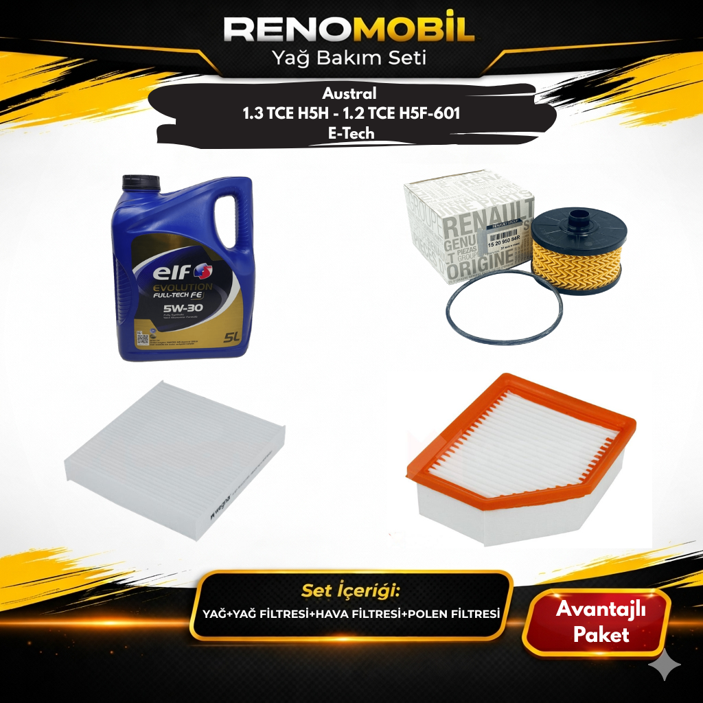 Yağ Bakım Seti (Motor Yağı+Yağ Filtresi+Hava Filtresi+Polen Filtresi) | Renault Austral 1.3 Tce H5H - 1.2 TCE H5F-601 E-Tech 200 Hybrid