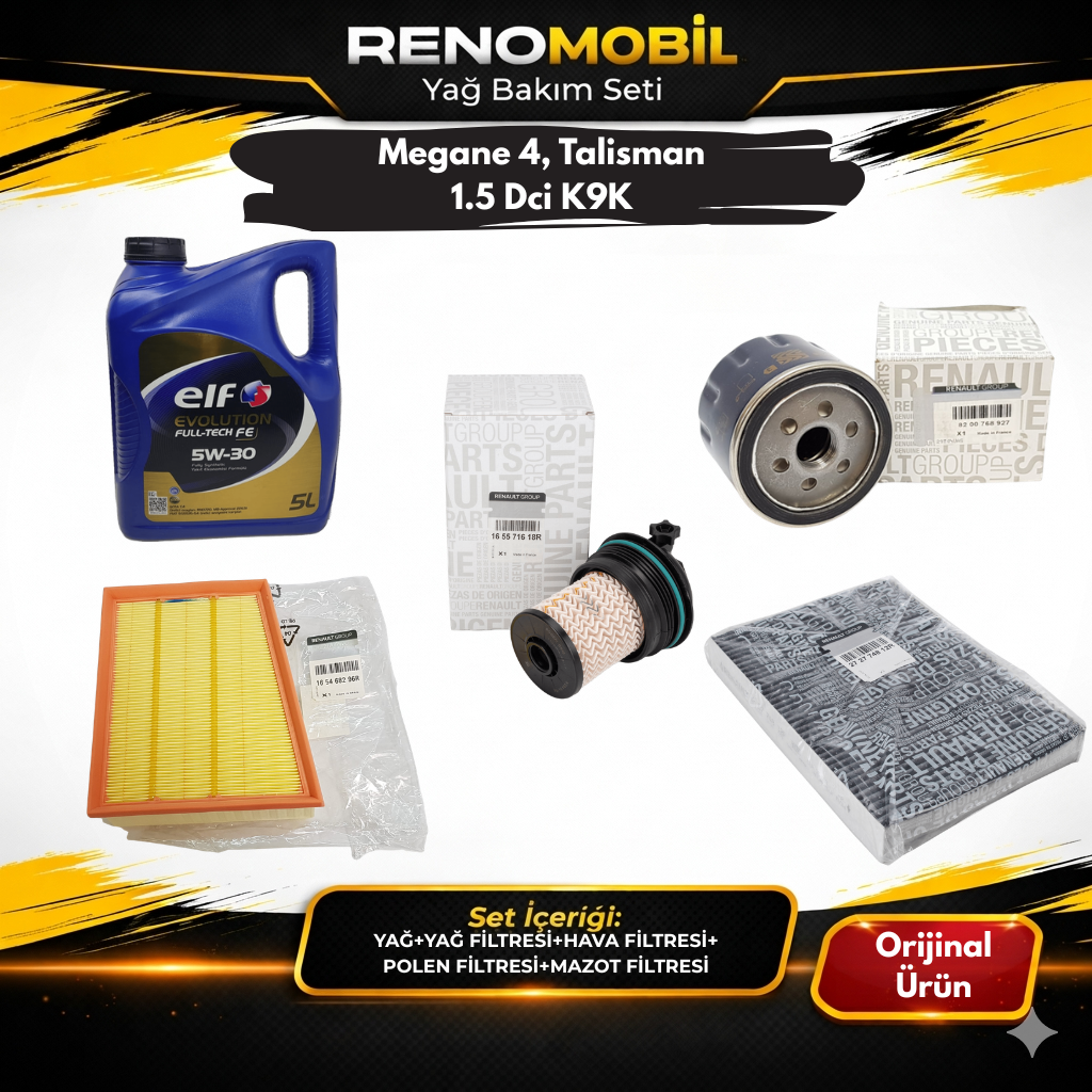 Yağ Bakım Seti (Motor Yağı+Yağ Filtresi+Hava Filtresi+Polen Filtresi+ Mazot Filtresi) | Renault Megane 4, Talisman 1.5 Dci K9K