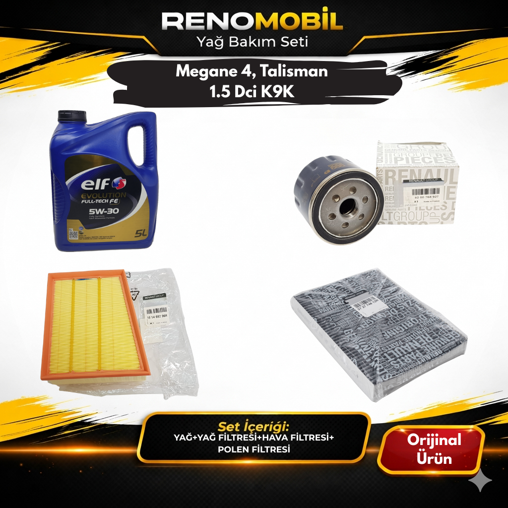 Yağ Bakım Seti (Motor Yağı+Yağ Filtresi+Hava Filtresi+Polen Filtresi) | Renault Megane 4, Talisman 1.5 Dci K9K