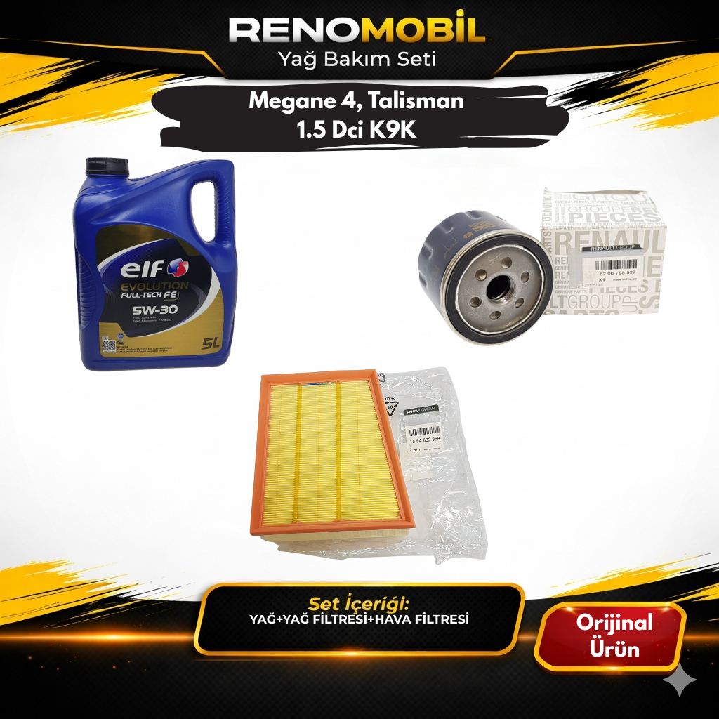Yağ Bakım Seti (Motor Yağı+Yağ Filtresi+Hava Filtresi) | Renault Megane 4, Talisman 1.5 Dci K9K