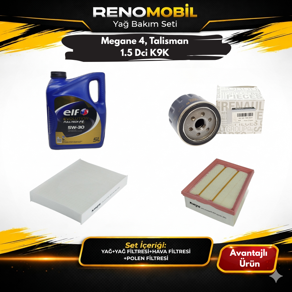 Yağ Bakım Seti (Motor Yağı+Yağ Filtresi+Hava Filtresi+Polen Filtresi) | Renault Megane 4, Talisman 1.5 Dci K9K
