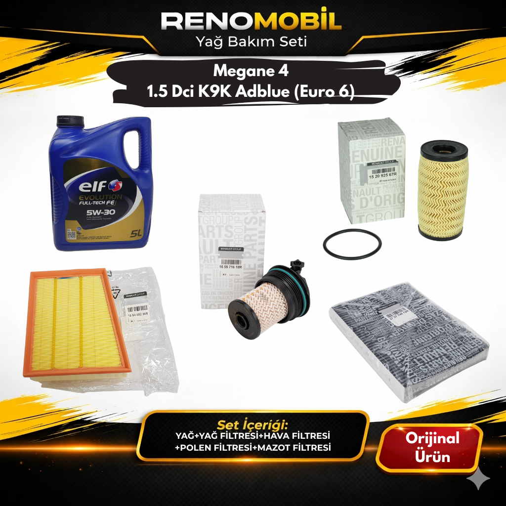 Yağ Bakım Seti (Motor Yağı+Yağ Filtresi+Hava Filtresi+Polen Filtresi+ Mazot Filtresi) | Renault Megane 4 1.5 Dci K9K Adblue (Euro 6)