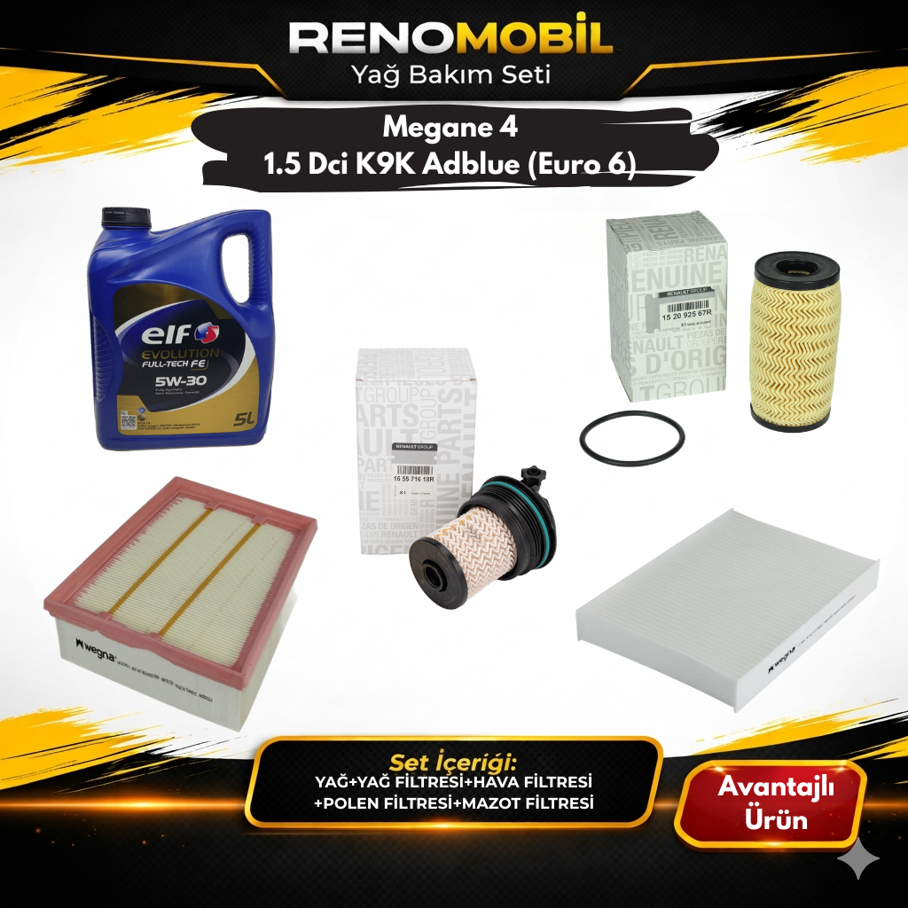 Yağ Bakım Seti (Motor Yağı+Yağ Filtresi+Hava Filtresi+Polen Filtresi+Mazot Filtresi) | Renault Megane 4 1.5 Dci K9K Adblue (Euro 6)